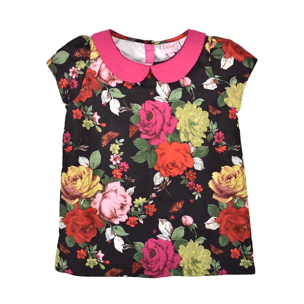 Baker by Ted Baker Cap Sleeve Floral Blouse with Collar Black Size 6